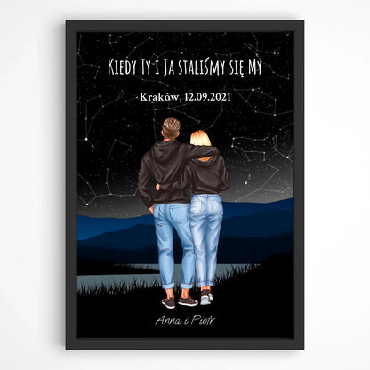 Personalizovaný plakát pár s mapou hvězd – romantický obraz v rámu