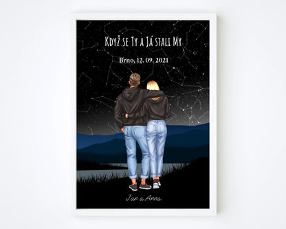 Personalizovaný plakát pár s mapou hvězd – romantický obraz v rámu