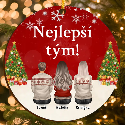 Vánoční Ozdoba pro Tým s Personalizovanými Postavami a Vlastním Textem (až 6 osob)