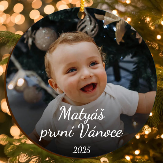 Vánoční ozdoba s fotografií – vlastní jméno, text a rok