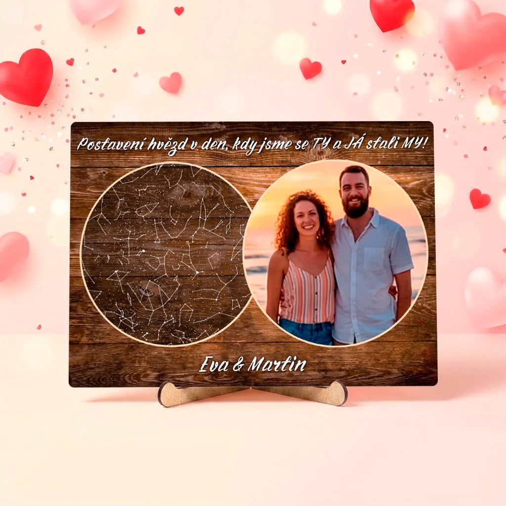 Personalizovaná dekorace s hvězdnou mapou a fotografií