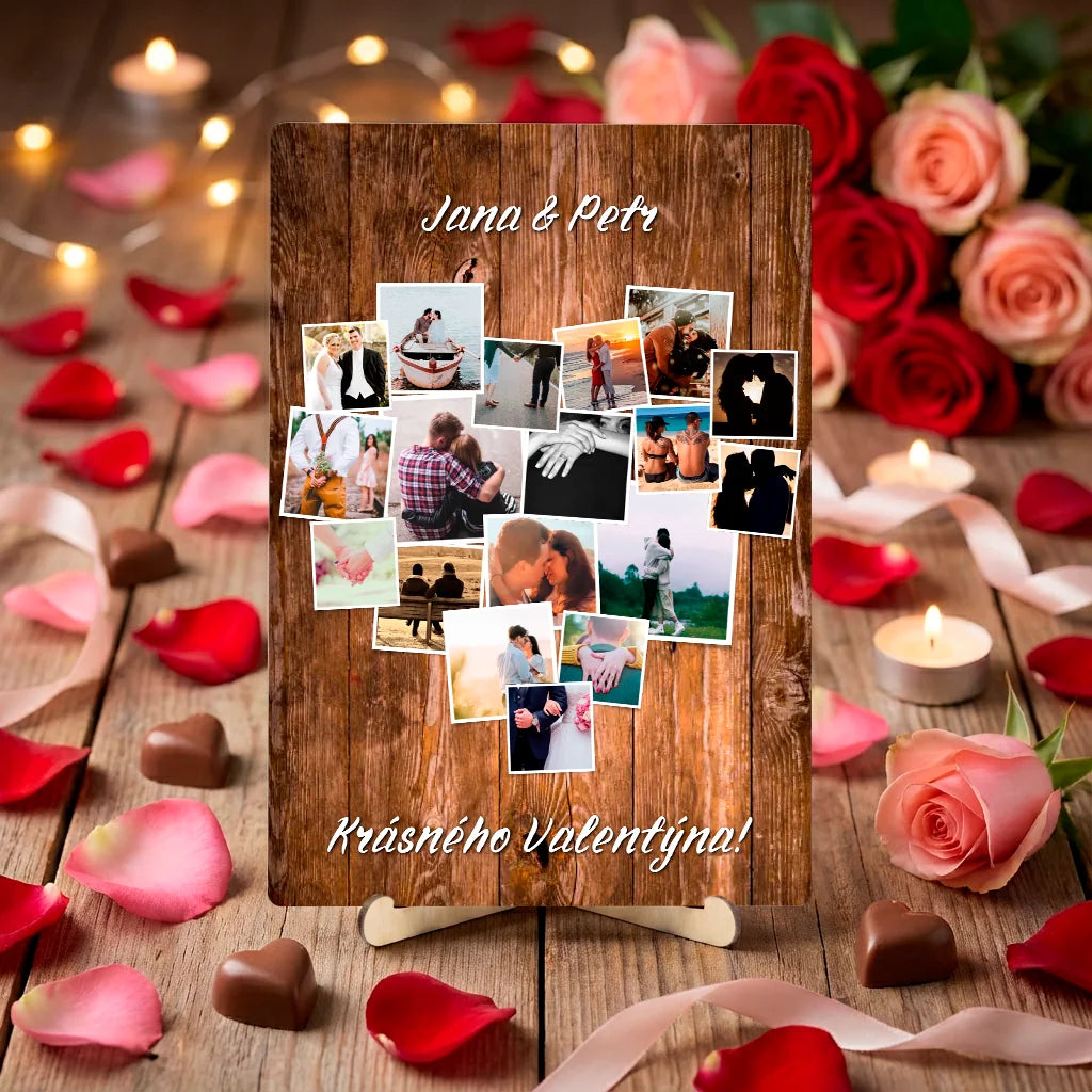 Personalizovaná stolní dekorace – srdcová fotokoláž s vlastním textem